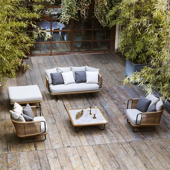 Ротанговый диван для отдыха на природе, открытый двор, открытый сад, кресло из ротанга в скандинавском стиле, журнальный столик, ножная педаль
