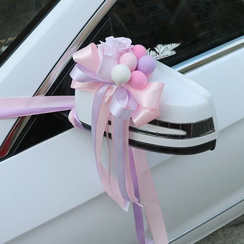 Искусственный воздушный шар Розовое украшение для свадебных ручек автомобиля, украшение зеркала заднего вида двери, Украшение автомобиля розовой шелковой лентой в виде цветка
