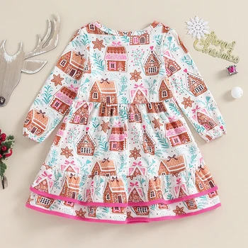 Рождественское пышное платье с длинными рукавами для маленьких девочек, повседневные платья трапециевидной формы с круглым вырезом и принтом 
