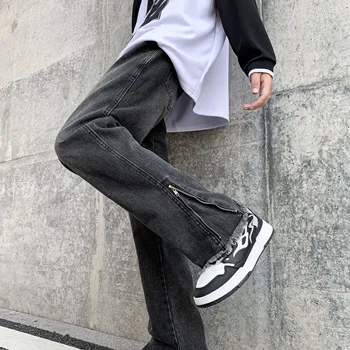 2023 Осенний корейский стиль, уникальные джинсы с необработанным краем на молнии, открывающие ногу, мужские повседневные свободные джинсы из денима, мужской размер M-XXL