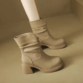 Высокие каблуки круглый для похудения коренастый каблук лодыжки женские 2024 осень зима плиссированная платформа узкая мода