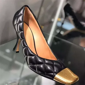 Женские туфли-лодочки, модные туфли на высоком каблуке, женская обувь из искусственной кожи с металлическим носком, женская обувь с клетчатой строчкой, Женская обувь chaussure femme