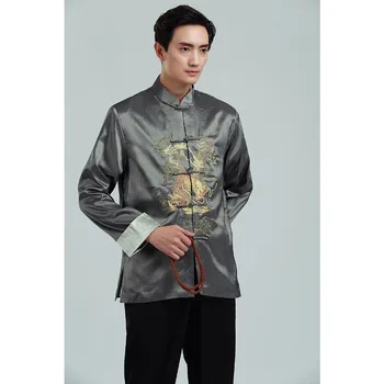 Новая мужская атласная верхняя одежда с вышивкой Дракона в китайском стиле, мужская двубортная куртка Кунг-фу M, L, XL, XXL, XXXL