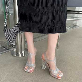 Женская обувь; Дизайнерские босоножки из ПВХ со стразами на высоком каблуке; Женские босоножки на прозрачном каблуке; Летние модельные туфли для вечеринок; Sandalen Damen