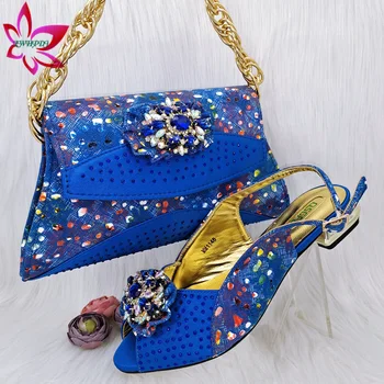 Модные Новые поступления 2024 Года, Комплект Женской обуви и сумки в Нигерийском стиле Королевского Синего Цвета, Украшенный Стразами для вечеринки