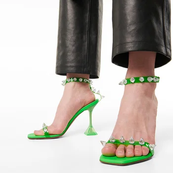 Новые прозрачные босоножки на высоком каблуке с кристаллами из ПВХ, туфли-гладиаторы с квадратным носком, Туфли для подиума, Сандалии с ремешком на щиколотке, большие размеры 43