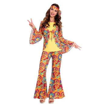 Костюмы хиппи на Хэллоуин для взрослых, винтажный костюм для выступлений на дискотеке 1970-х, Женская Мужская одежда для косплея в стиле рок-хиппи