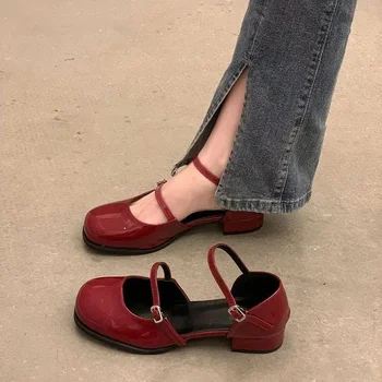 Новые туфли Мэри Джейн, туфли-лодочки с пряжкой, женские туфли на толстом каблуке, элегантная обувь с мелким квадратным носком, Кожаные туфли для вечеринок, Офисные женские туфли 2023