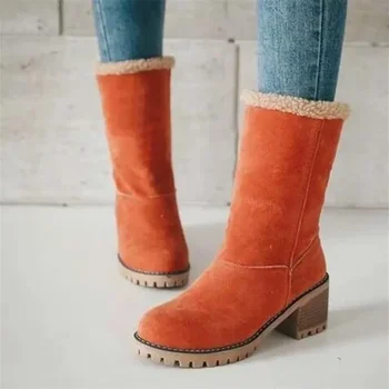 Осенне-зимние модные новые повседневные удобные бархатные теплые женские ботильоны на квадратном каблуке с круглым носком, однотонные