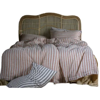 Чистое льняное хлопчатобумажное постельное белье из четырех частей в скандинавском минималистичном классическом полосатом дышащем стеганом чехле, всесезонное постельное белье