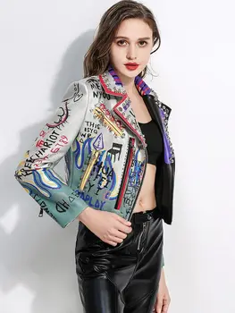 OLOMLB 2023, Новая Модная Стильная Короткая куртка с Индивидуальным Принтом и Заклепками, Облегающее Байкерское Кожаное Пальто