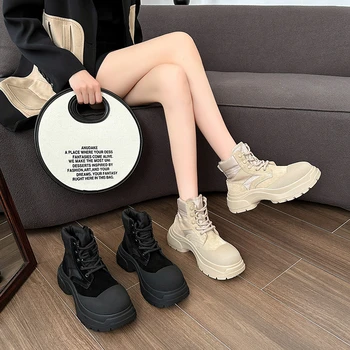 Новинка осени 2022 года; Ботинки-ракушка для студенток; Модные женские ботильоны на платформе и шнуровке в стиле Маффин; Ботинки в стиле ретро; Женская Повседневная обувь