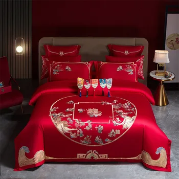 Высококачественная Новая китайская хлопчатобумажная вышивка, Большой Красный Свадебный комплект из четырех частей, Хлопчатобумажный Свадебный комплект для вышивания, Свадебные постельные принадлежности
