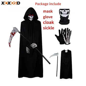 XCXOSD Костюм для вечеринки в честь Хэллоуина, Смерть для взрослых, Черный однослойный плащ-призрак, реквизит для костюма, Маска, Перчатки, украшение в виде серпа