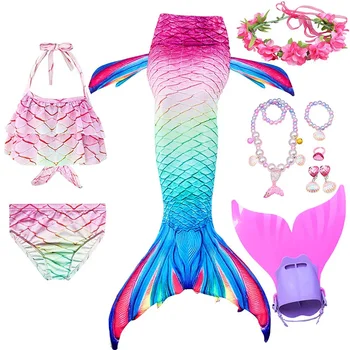 Детский купальник с хвостом русалки для девочек, пригодный для плавания, костюм для Хэллоуина, купальник с моноластами, платье-бикини, комплект ожерелья