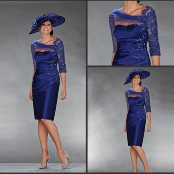 Уникальное Королевское синее платье-футляр длиной до колен с кружевной аппликацией Платья для матери Невесты с рукавом Три четверти Свадебное платье для гостей 2021