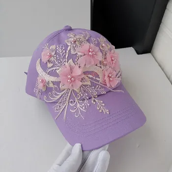 202309-shi ins facebook, дизайнерский стиль, фиолетовая бейсболка с розовым жемчужным цветком, женская бейсболка с козырьком для отдыха, кепка