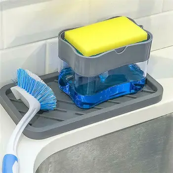 Дозатор жидкости для чистки кухни Ручной нажимной Контейнер для мыла для посуды с держателем губки Инструменты для хранения жидкости для мытья дома