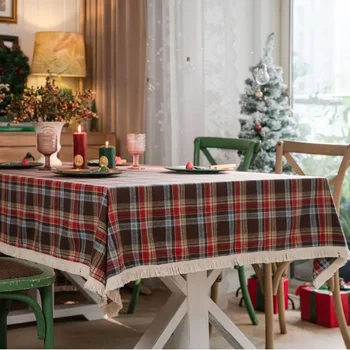 Красная клетчатая скатерть на Рождество, Современная скатерть из хлопка и льна с кисточками, Прямоугольный домашний обеденный стол, Декоративный