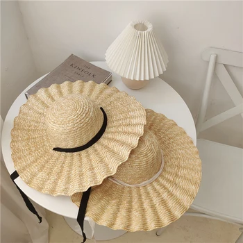 Соломенная шляпа с волнистыми краями, летние пляжные шляпы с широкими полями, солнцезащитные кепки со шнуровкой, защищающие от ультрафиолета, Круглый верх, Дышащая солнцезащитная кепка для отдыха