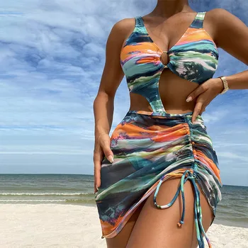 Модный женский купальник-бикини 2023, 2 предмета, сексуальная пляжная одежда со шнуровкой, пуш-ап, принт в этническом стиле, купальники, купальный костюм, Бикини