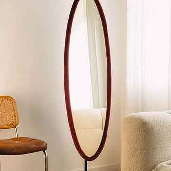 Средневековое Красное бархатное зеркало Овальной формы от пола до пола во французском ретро минималистичном Instagram стиле для спальни, роскошная гардеробная для всего тела