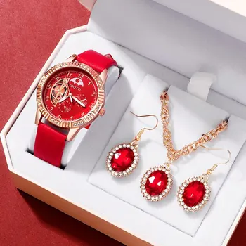 Женские модные кварцевые часы, женские часы, китайские Аналоговые наручные часы из красной кожи, женские классические часы в простом платье, набор ювелирных изделий