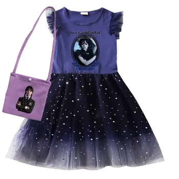 Детское летнее платье Morticia от Wednesday Addams для маленьких девочек, милое кружевное платье принцессы для маленьких девочек, платья на день рождения с сумкой