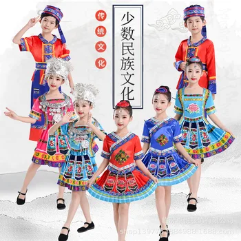 Традиционное китайское платье для девочек, юбка в этническом стиле, костюмы с вышитым принтом, повязка на голову, детская одежда для выступлений