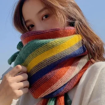 Красивые многоцветные шарфы в полоску, зимний толстый вязаный шарф, многоцелевые большие палантины, женские уличные теплые шарфы