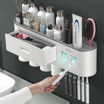 Магнитный держатель для зубных щеток, стеллаж для хранения, Автоматический дозатор зубной пасты, Настенный Водонепроницаемый набор аксессуаров для хранения в ванной