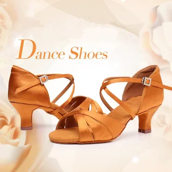 Женские классические атласные туфли для латиноамериканских танцев, женские босоножки для бальных танцев Ча-ча-ча на мягкой замшевой подошве, черный, коричневый, каблук 5,5 см и 7 см