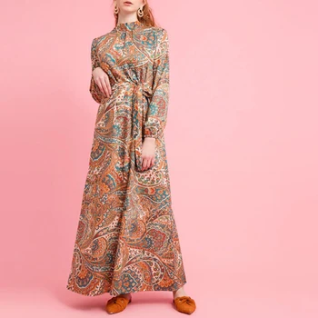 Женские платья Eid Abaya с ретро принтом, воротник-стойка, длинный рукав, Рамадан, Элегантное этническое платье Макси в стиле инди-фолк, одежда для вечеринок