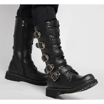 Мужские мотоциклетные ботинки из искусственной кожи выше колена, армейские ботинки в готическом стиле, панк-ботинки с поясом, мужская обувь, тактические армейские ботинки