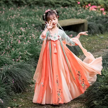 Восточно-китайский костюм для девочек из древнего Ханфу, детское традиционное китайское платье, Детская одежда для выступлений фей династии Тан.