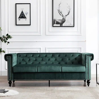 Элегантная строчка на пуговицах и типичный подлокотник, диван для трех человек, диван в гостиной, бархатный интерьер, использование в квартире, деревянный