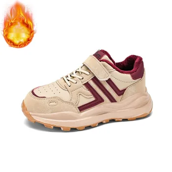 Zai ※ Высококачественные кожаные спортивные кроссовки для бега, милая плюшевая утепленная детская обувь, уличная болотная обувь, Прочная хлопчатобумажная обувь