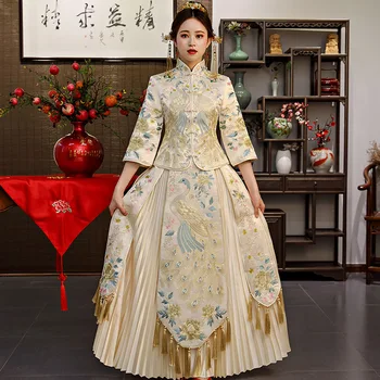 FZSLCYIYI Изысканное китайское женское свадебное платье Ципао с вышивкой павлина, красное классическое платье Чонсам с благородной кисточкой
