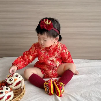 Китайский Чонсам для новорожденных девочек Китайские новогодние наряды Комбинезон Платье принцессы с цветочной вышивкой Традиционная одежда