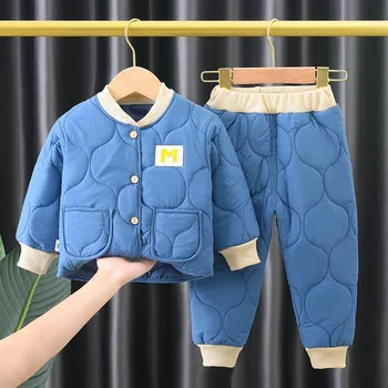 Детская зимняя куртка, комплект верхней и нижней одежды, однотонная куртка для мальчика + хлопковые брюки, комплект из двух предметов, спортивные костюмы для мальчиков и девочек