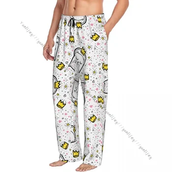 Мужская повседневная пижама С длинными штанами, Свободный эластичный пояс, Каракулевый Кот, Уютная пижама, домашние брюки для отдыха