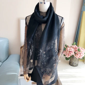 Ханчжоу, Китай, шарф с вышивкой из натуральной шелковой шерсти с пятиконечной звездой, женская шаль, орнамент, размер: 70 * 190 см (химчистка)