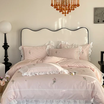 Розовый Винтажный Комплект постельного белья из египетского хлопка с вышивкой французскими цветами 1000TC, Пододеяльник с белой кружевной каймой, Простыня, Наволочки