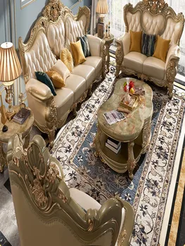Диван в европейском стиле, гостиная, кожа, полностью из массива дерева, вилла, роскошная мебель, набор Ruyi для всего дома