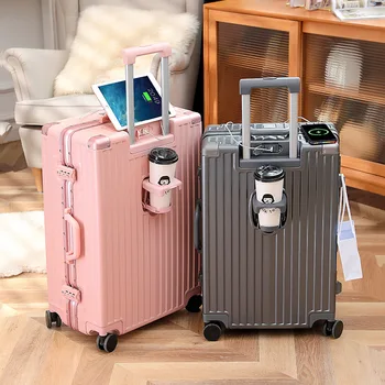 Модный багаж с USB-подстаканником, дорожная сумка на колесиках, Универсальная женская сумка-тележка, Бортпроводник, Мужской чемодан с паролем,