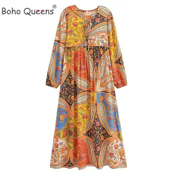 Boho Queens/ Женское платье Макси с цветочным принтом и кисточками, пляжное богемное платье Макси, женские хлопчатобумажные платья с длинным рукавом и V-образным вырезом, Vestidos