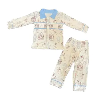 Весенне-летняя детская одежда, новый дизайн, пижама с отворотом для маленькой девочки, кружевной дизайн с карманом, элемент мультяшного медведя, детская ткань