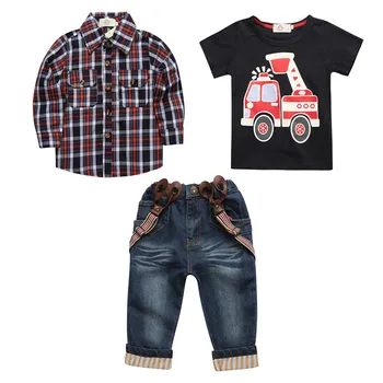 Новая Джентльменская Детская одежда На Весну И Осень Для мальчиков В Европейском и Американском стиле, Клетчатая рубашка Car Ches, Джинсовый Костюм-тройка
