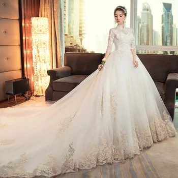 Свадебное платье 2023, Новое платье невесты Хепберн со стоячим воротником, ретро-длинные рукава принцессы