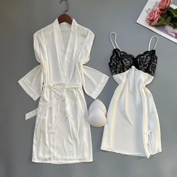 Женский Комплект ночной рубашки и халата, сексуальная кружевная ночная рубашка, пижамы, Шелковый атласный халат, халатный костюм, Новое Весенне-летнее домашнее платье-кимоно